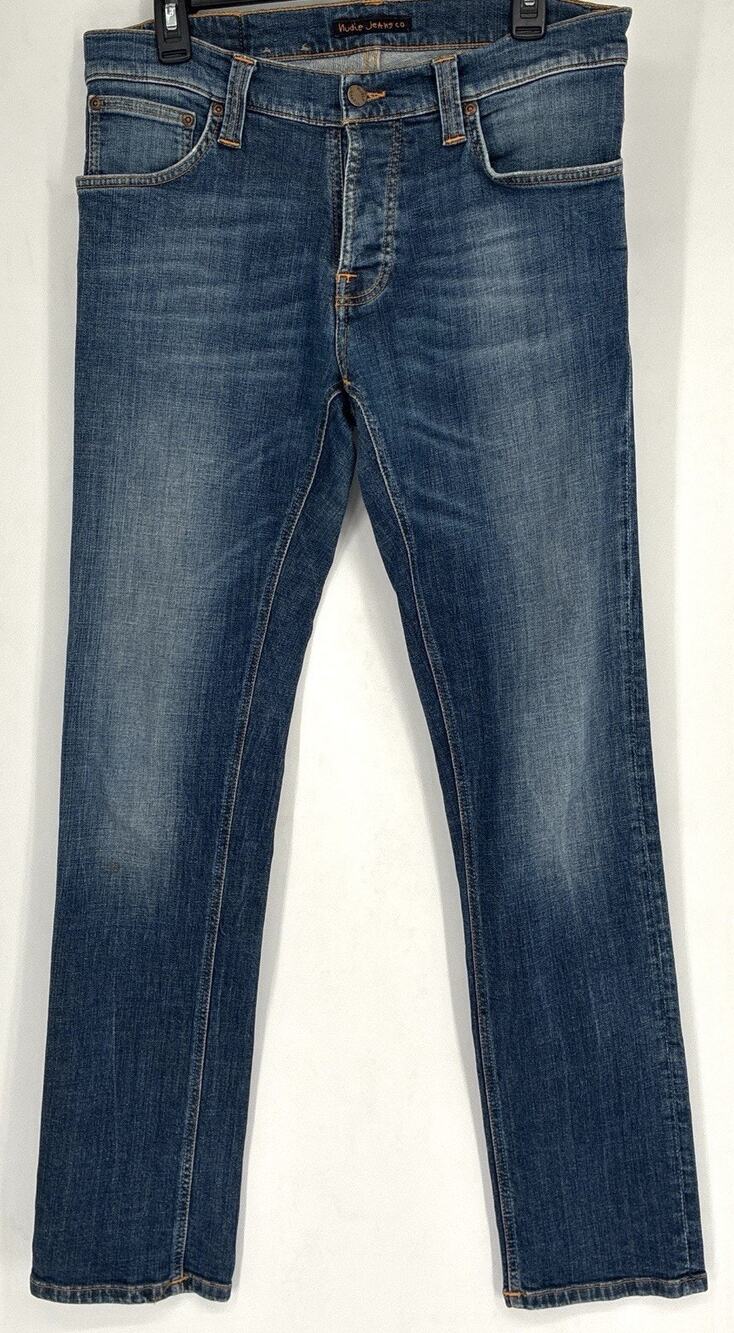 Nudie Jeans Co Grim Tim Mens W33 L34 Slim Straight Organic Cotton Blue Jeans